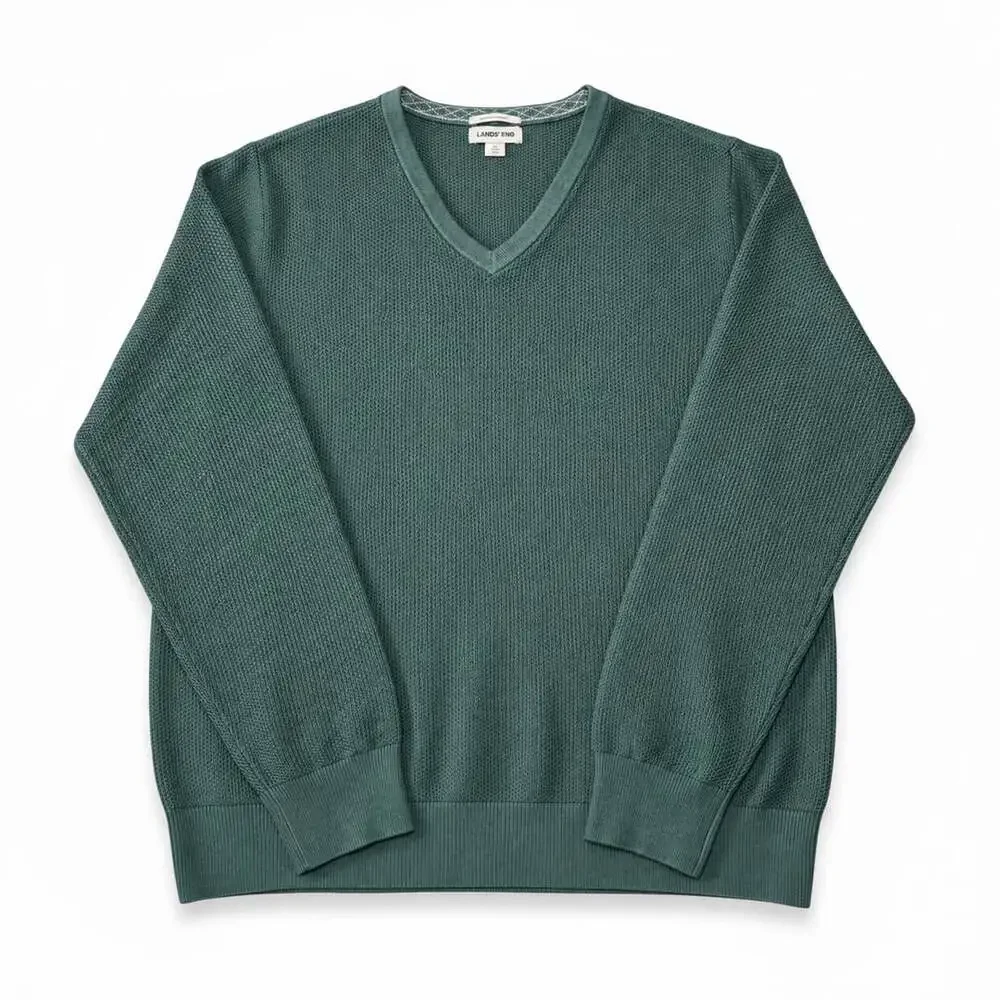 Lands’ End Men’s XL Green 100% Merino Wool V-Neck Textured Knit Sweater